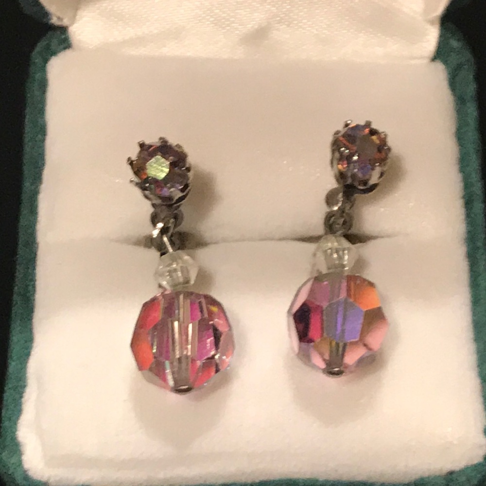 Vintage iridescent drop earrings screw-on clips